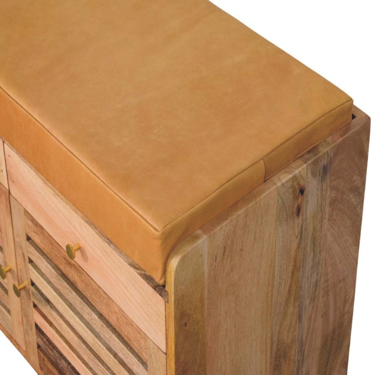 Shutter Solid Mango Wood Shoe Cabinet – Oak-Ish Finish, 2 Drawers & Leather Seat