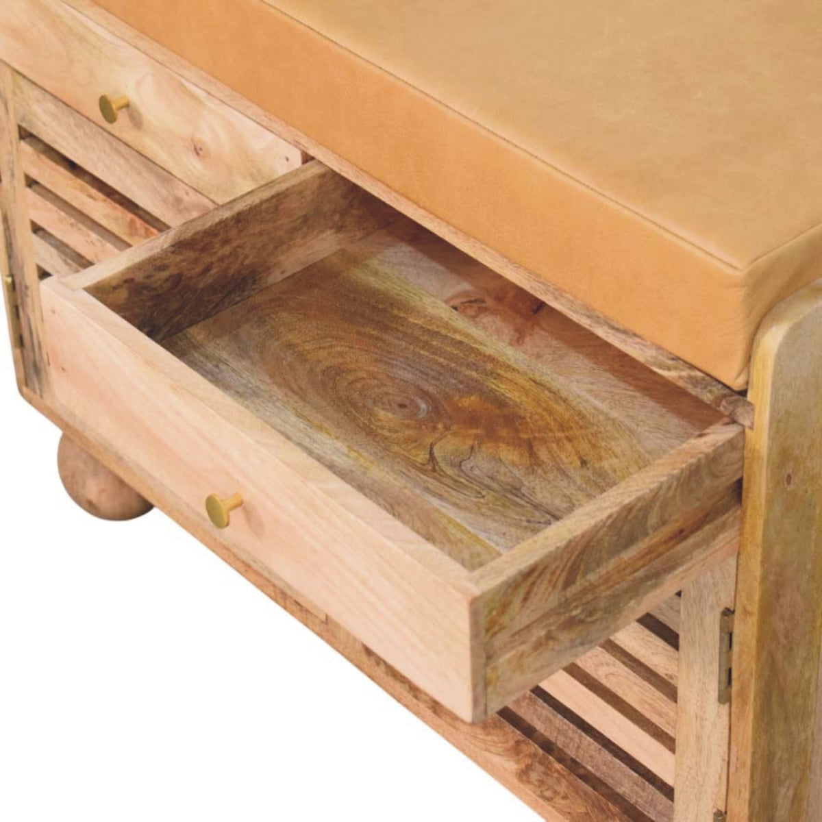 Shutter Solid Mango Wood Shoe Cabinet – Oak-Ish Finish, 2 Drawers & Leather Seat