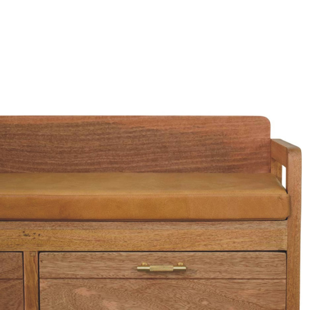 Oxford Solid Mango Wood Storage Bench – Oak-Ish Finish, Tan Leather Seat