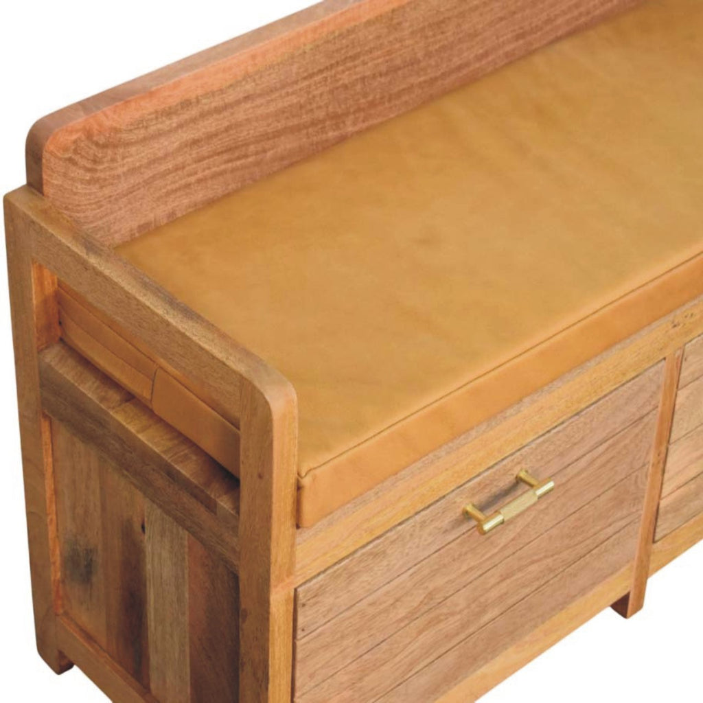 Oxford Solid Mango Wood Storage Bench – Oak-Ish Finish, Tan Leather Seat