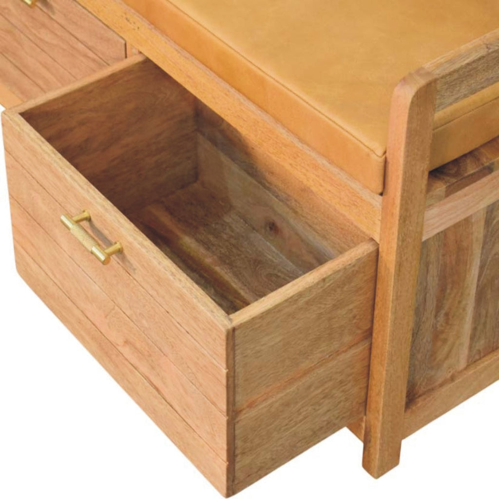 Oxford Solid Mango Wood Storage Bench – Oak-Ish Finish, Tan Leather Seat