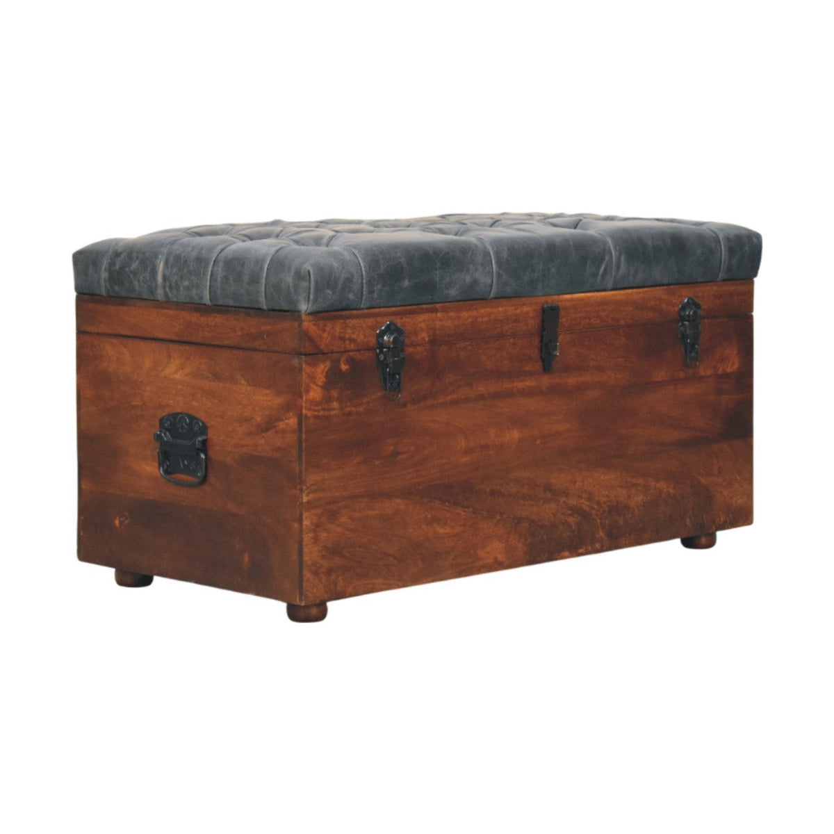 Black Buffalo Leather & Mango Wood Storage Trunk – California Walnut Finish
