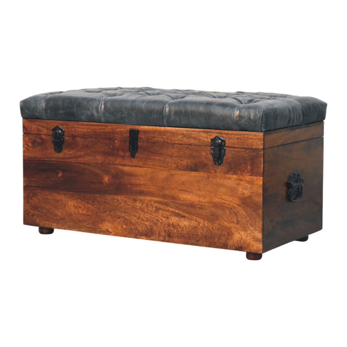 Black Buffalo Leather & Mango Wood Storage Trunk – California Walnut Finish