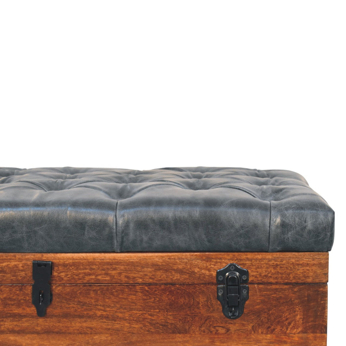 Black Buffalo Leather & Mango Wood Storage Trunk – California Walnut Finish