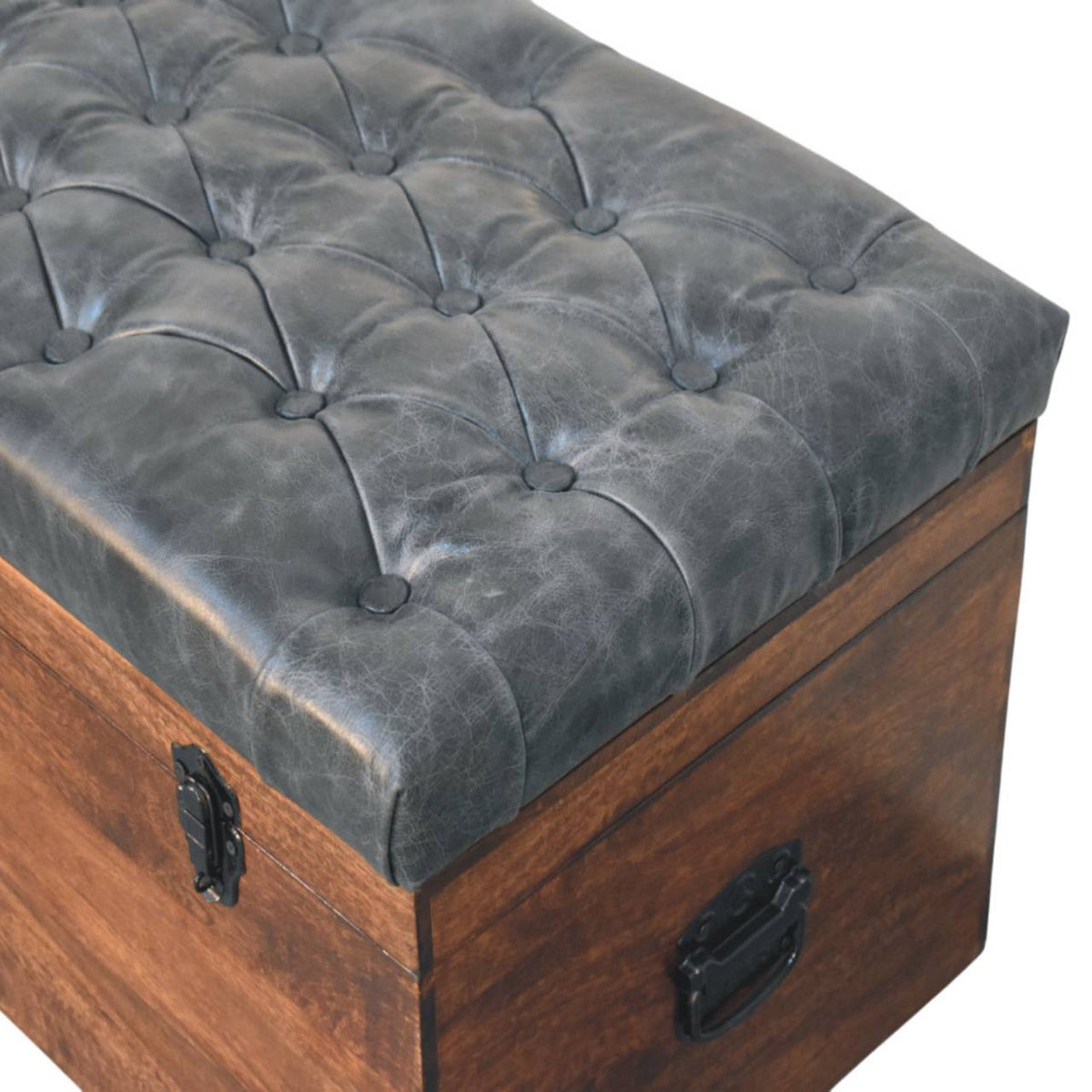 Black Buffalo Leather & Mango Wood Storage Trunk – California Walnut Finish