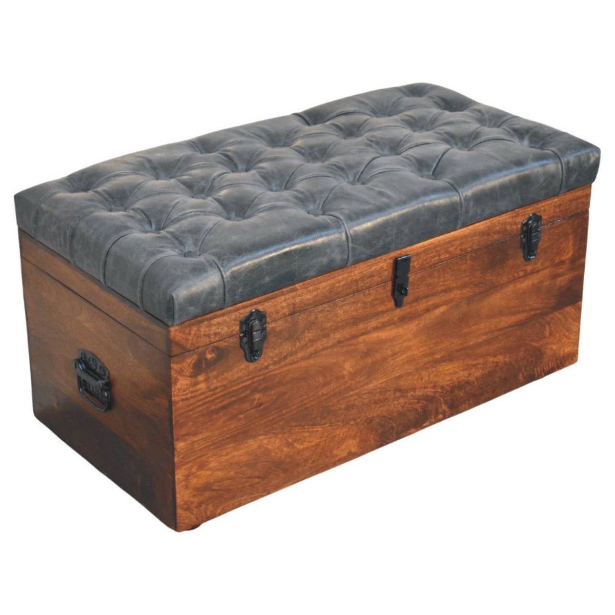 Black Buffalo Leather & Mango Wood Storage Trunk – California Walnut Finish