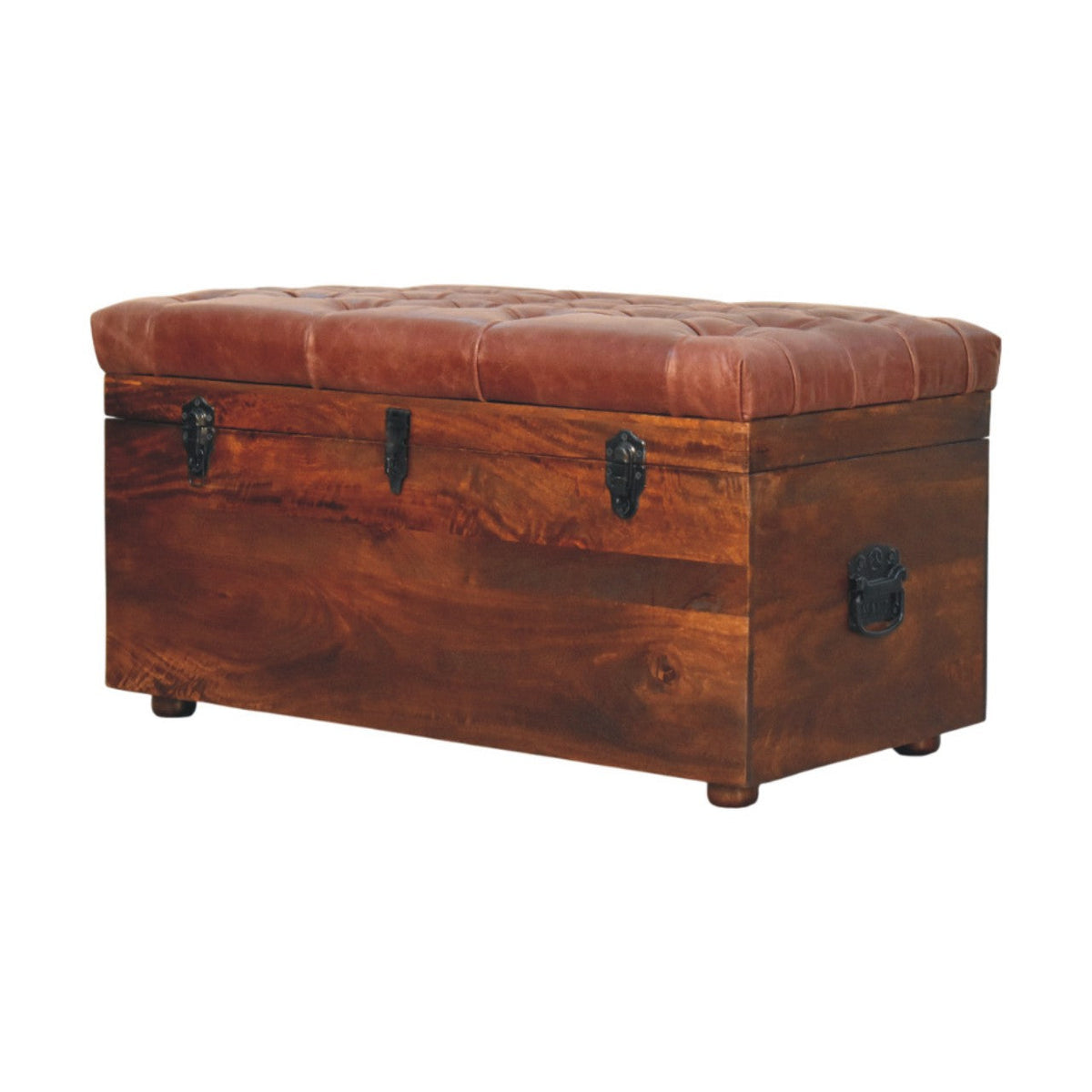 Brown Buffalo Leather & Mango Wood Storage Trunk – California Walnut Finish