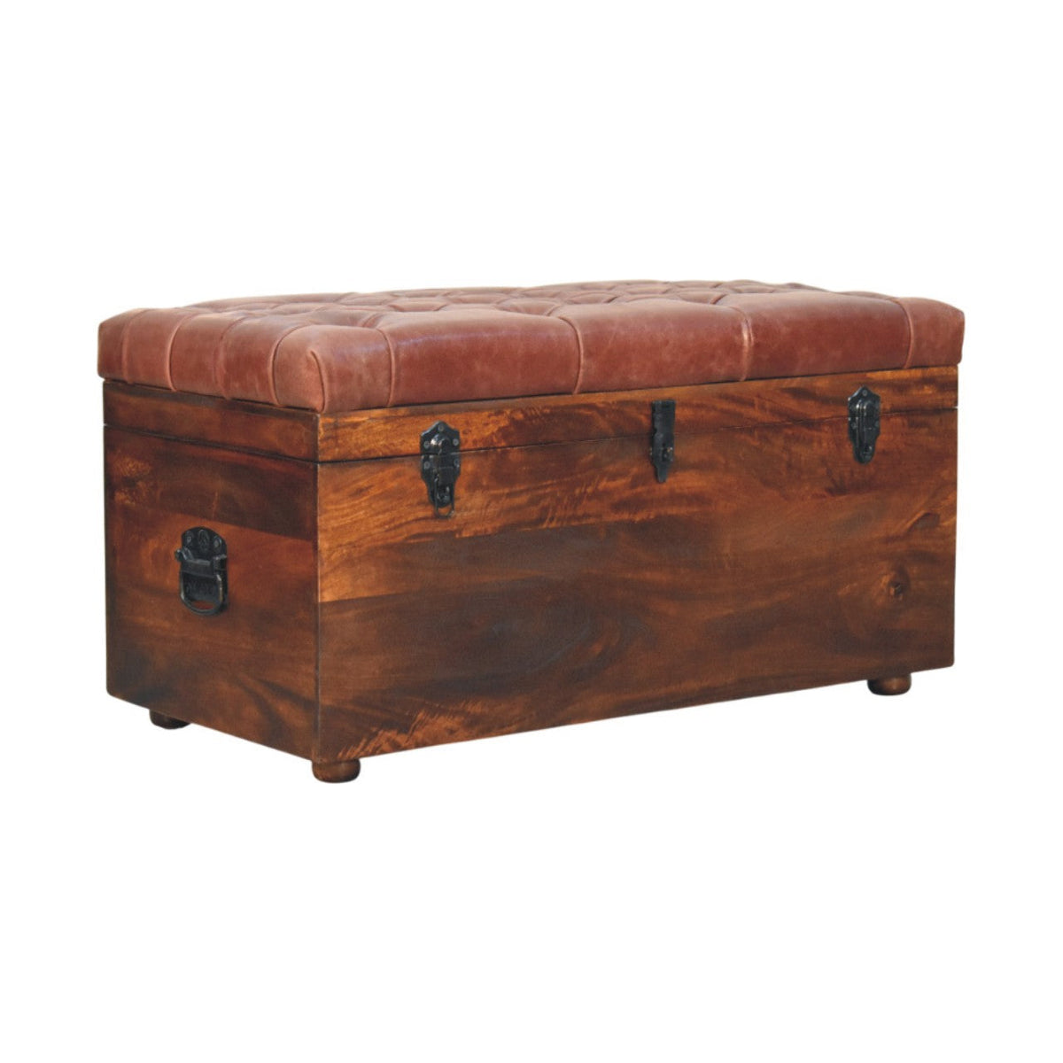 Brown Buffalo Leather & Mango Wood Storage Trunk – California Walnut Finish