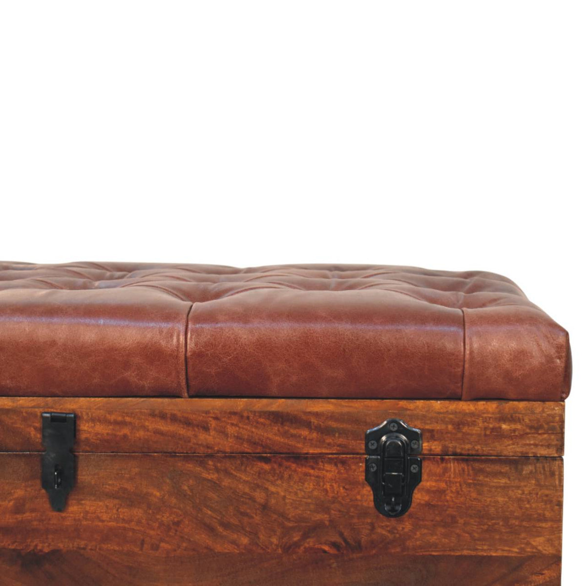 Brown Buffalo Leather & Mango Wood Storage Trunk – California Walnut Finish