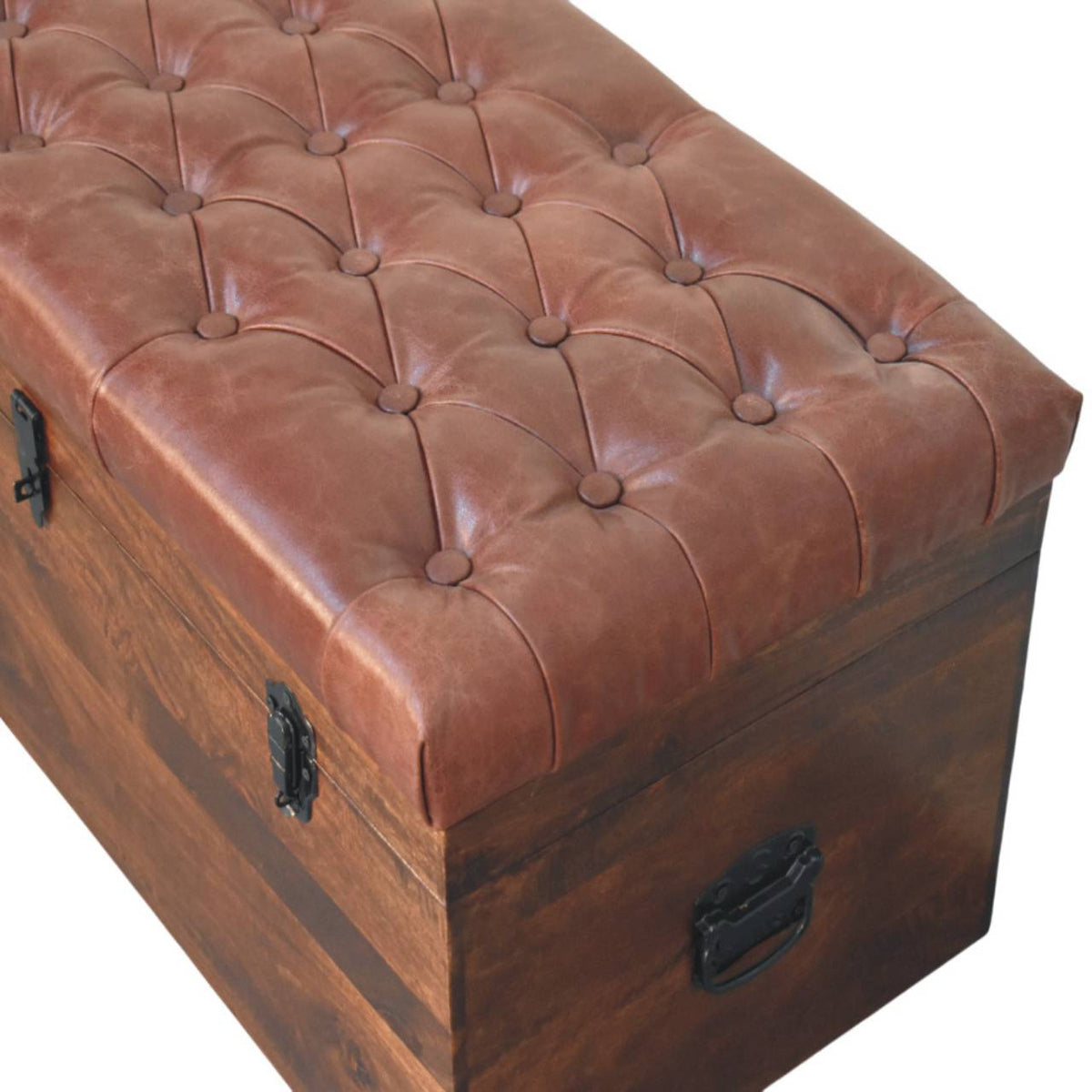 Brown Buffalo Leather & Mango Wood Storage Trunk – California Walnut Finish