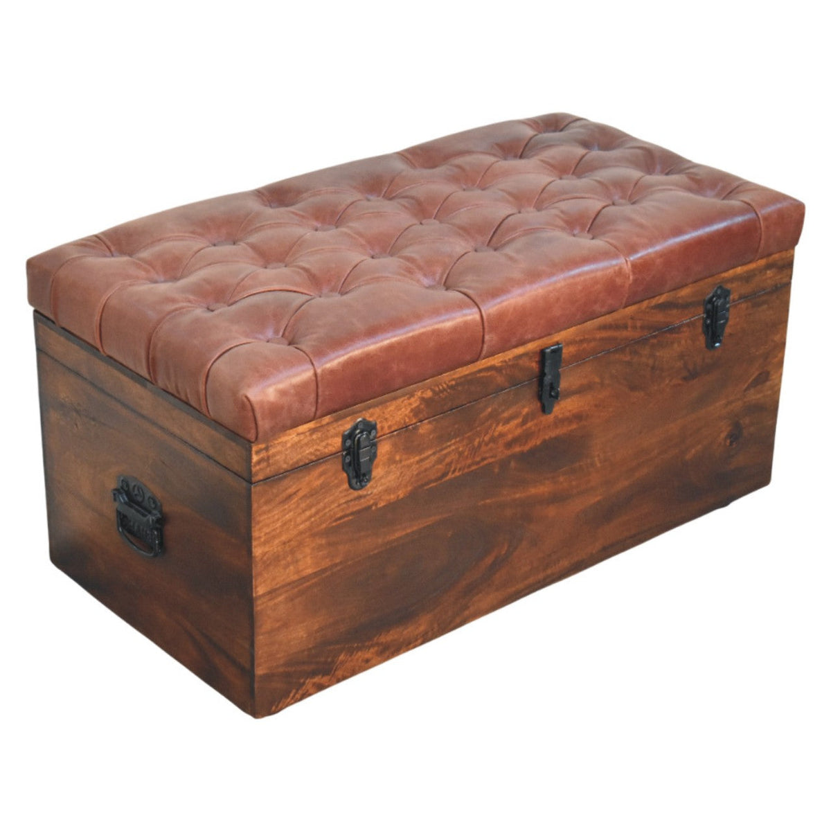 Brown Buffalo Leather & Mango Wood Storage Trunk – California Walnut Finish