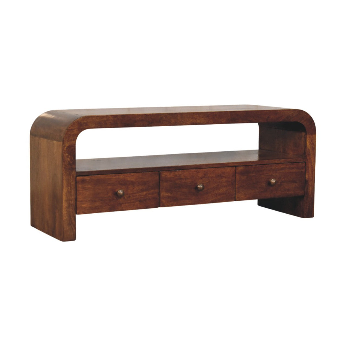 Darcy 3 Drawer Open Shelf Solid Mango Wood Media Unit – Chestnut Finish