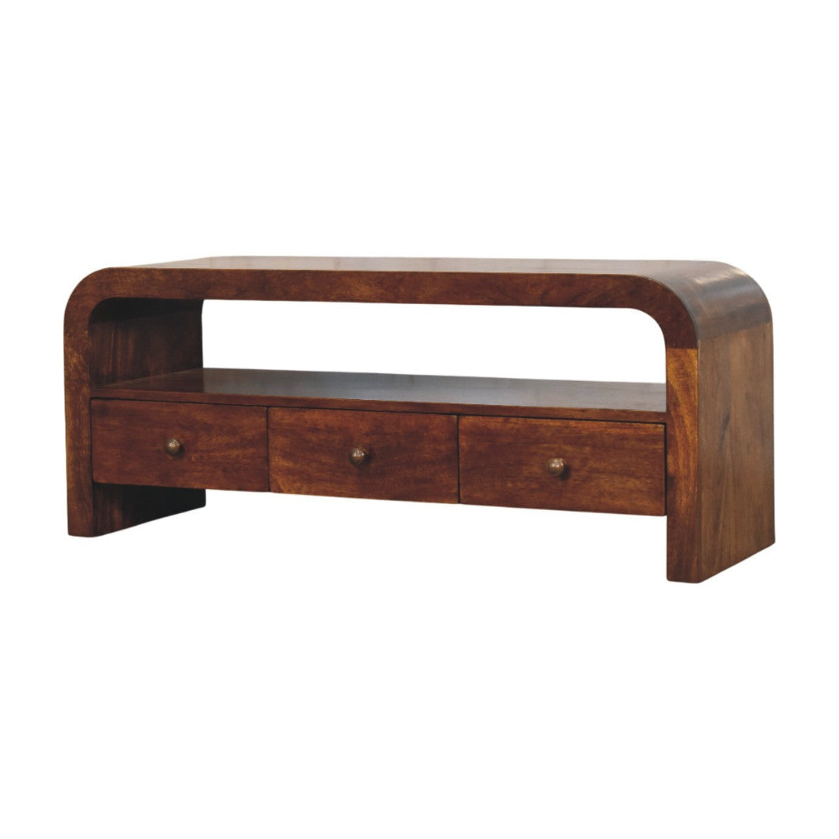 Darcy 3 Drawer Open Shelf Solid Mango Wood Media Unit – Chestnut Finish