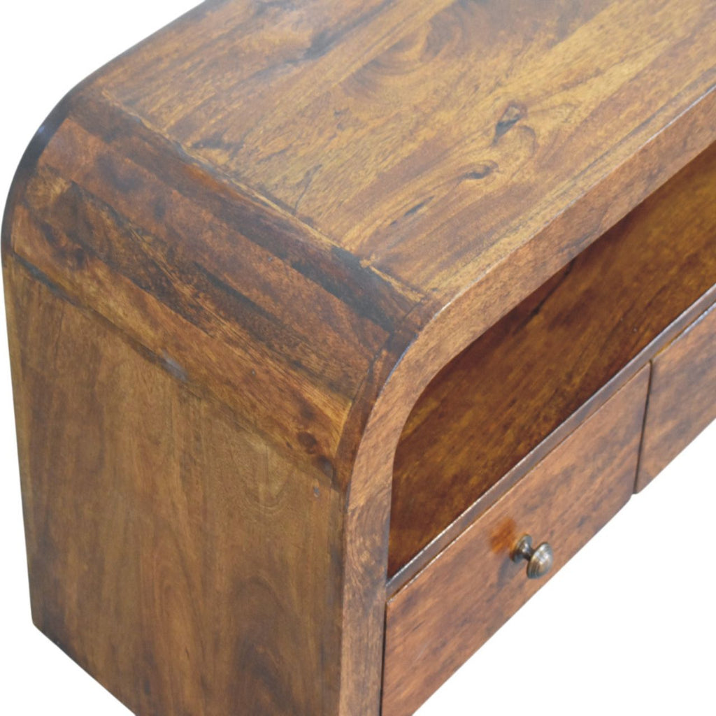 Darcy 3 Drawer Open Shelf Solid Mango Wood Media Unit – Chestnut Finish