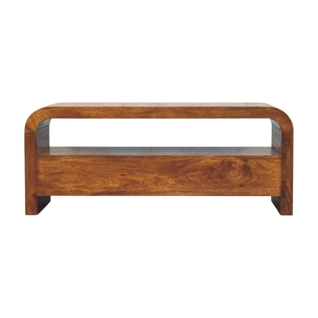Darcy 3 Drawer Open Shelf Solid Mango Wood Media Unit – Chestnut Finish