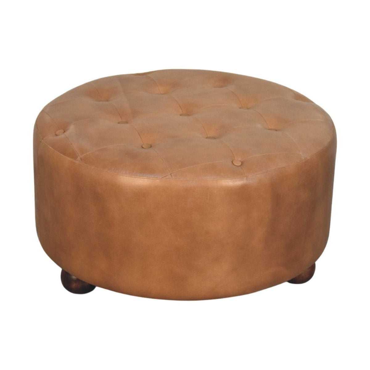Brown Buffalo Hide Leather Round Ottoman