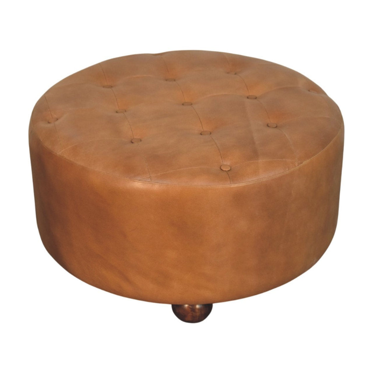 Brown Buffalo Hide Leather Round Ottoman