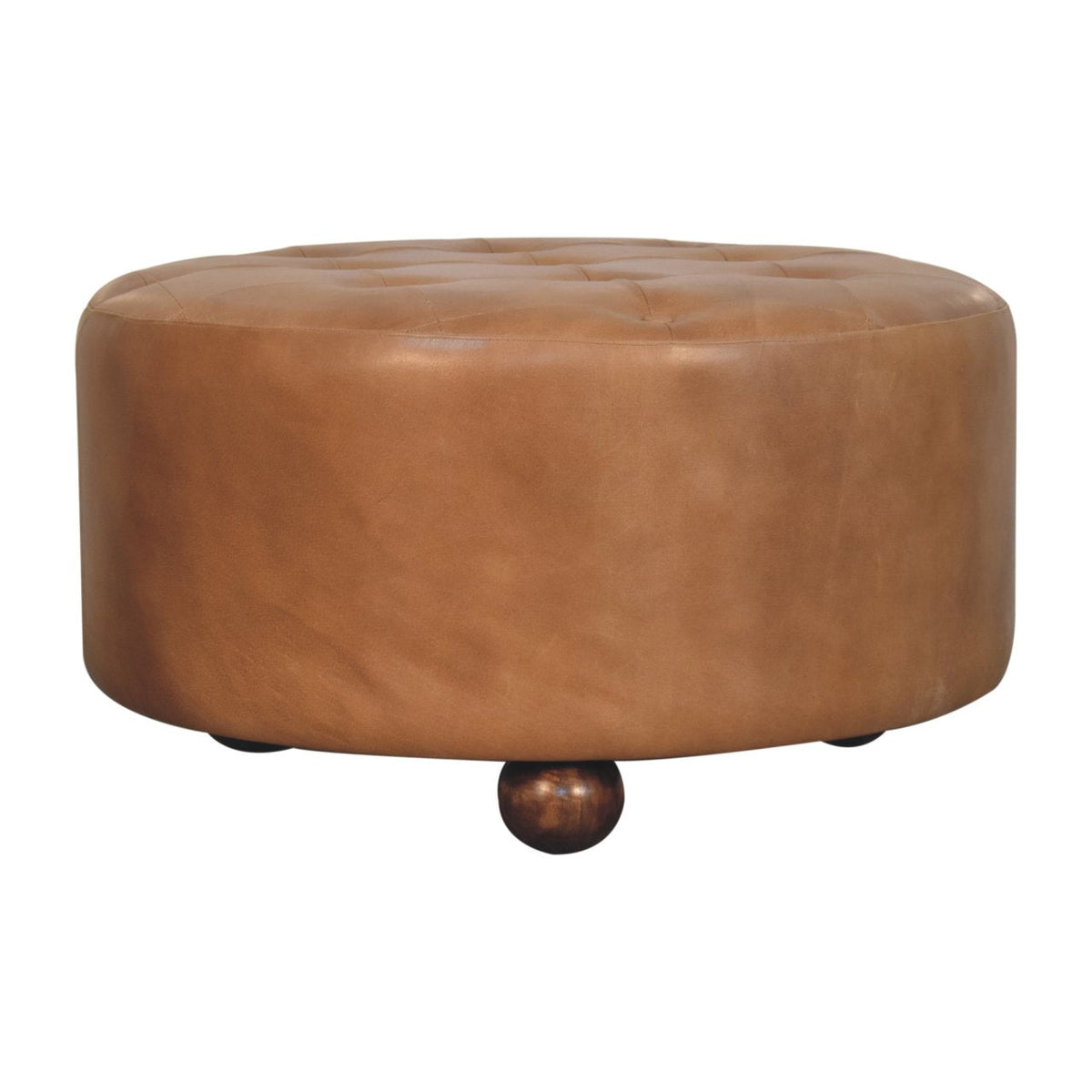 Brown Buffalo Hide Leather Round Ottoman