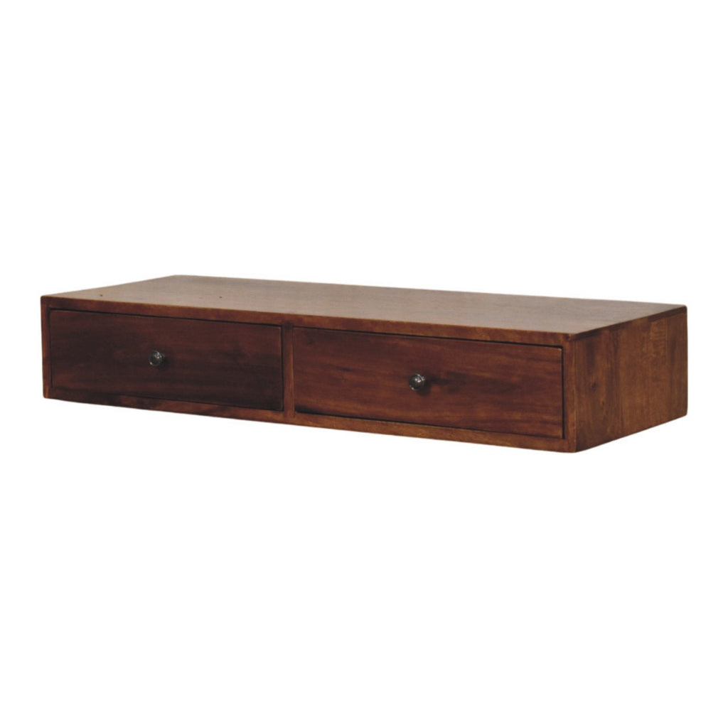 Lunar Solid Mango Wood Floating Console – Chestnut Finish, 2 Compact Drawers