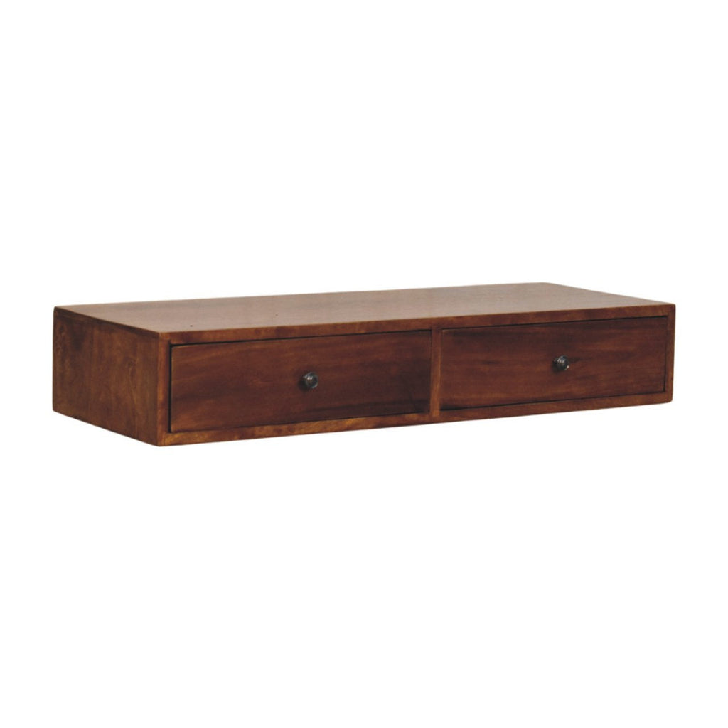 Lunar Solid Mango Wood Floating Console – Chestnut Finish, 2 Compact Drawers