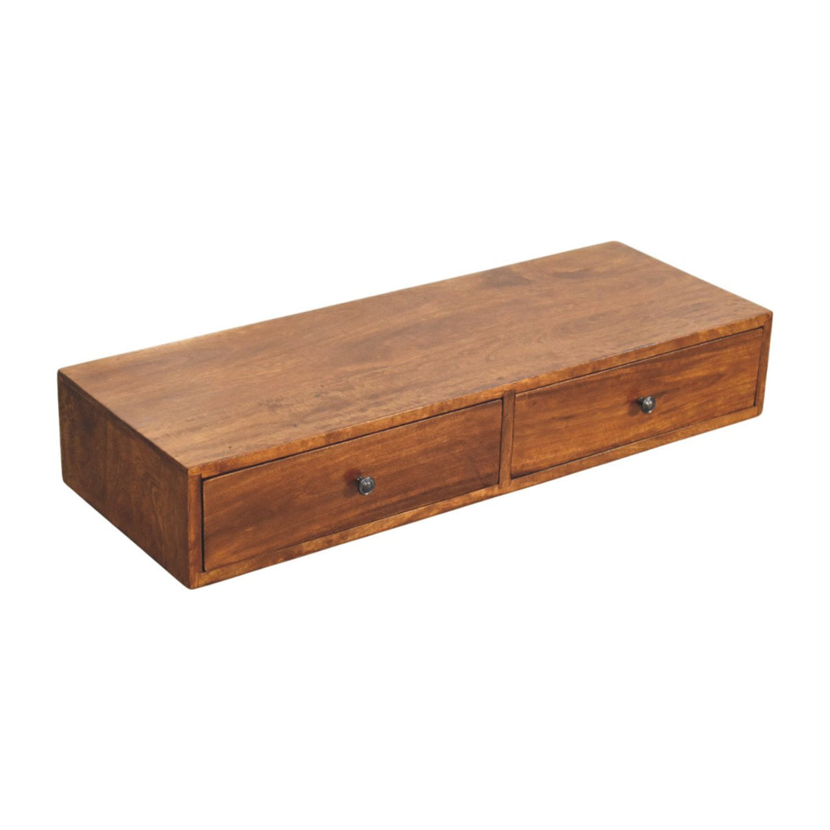 Lunar Solid Mango Wood Floating Console – Chestnut Finish, 2 Compact Drawers