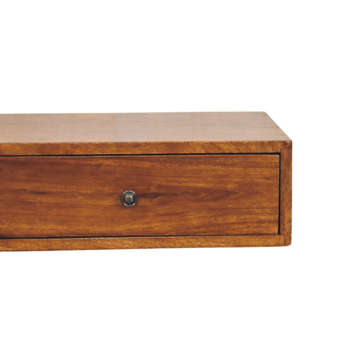 Lunar Solid Mango Wood Floating Console – Chestnut Finish, 2 Compact Drawers