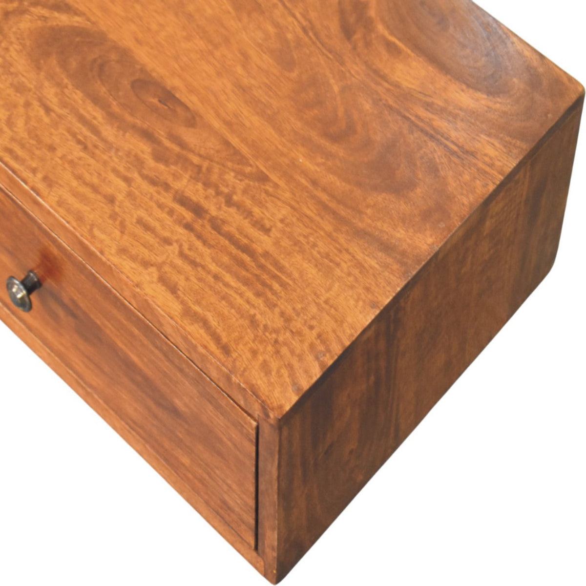 Lunar Solid Mango Wood Floating Console – Chestnut Finish, 2 Compact Drawers