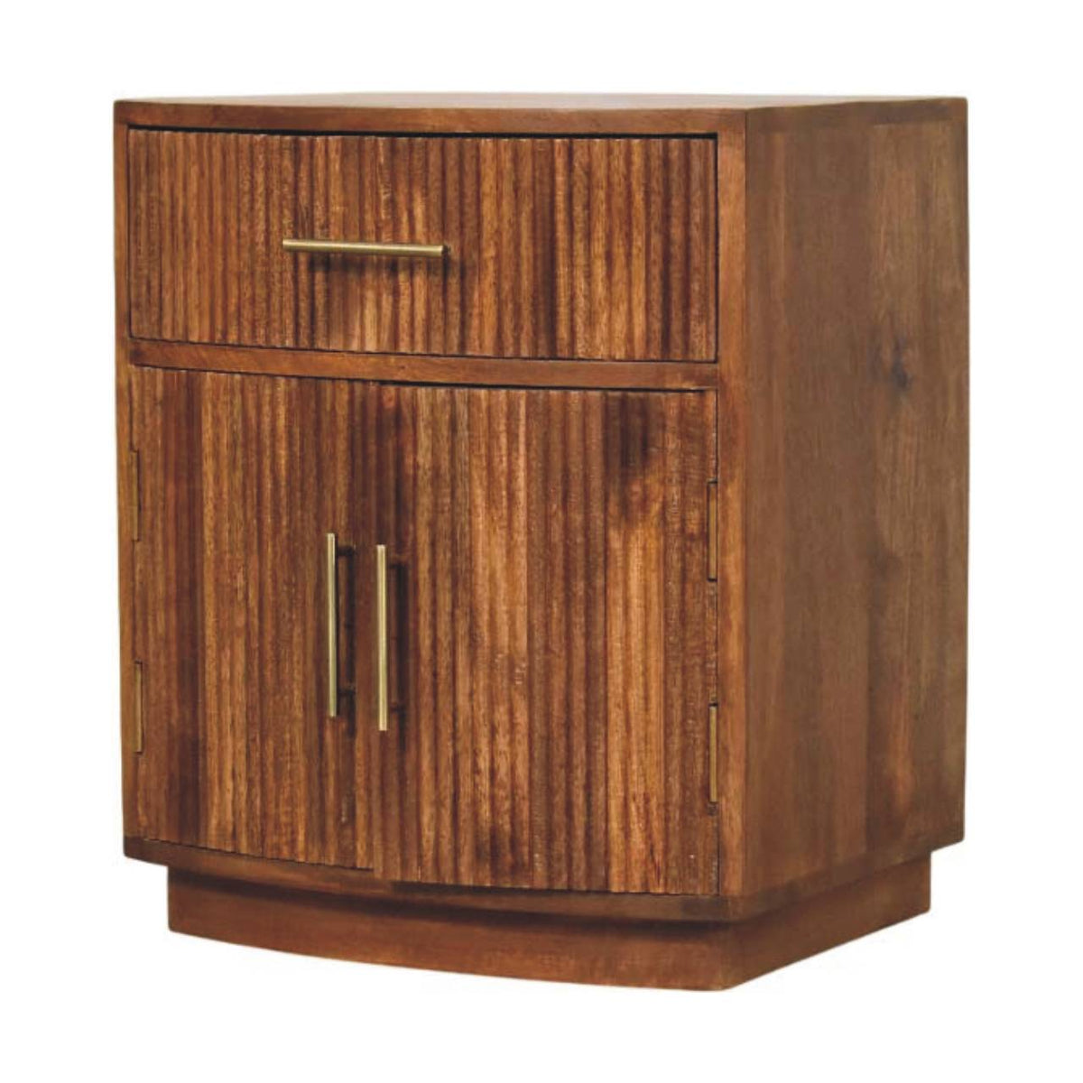 Solid Mango Wood Curved Ribbed Bedside Table with Drawer – Amber Oak Finish