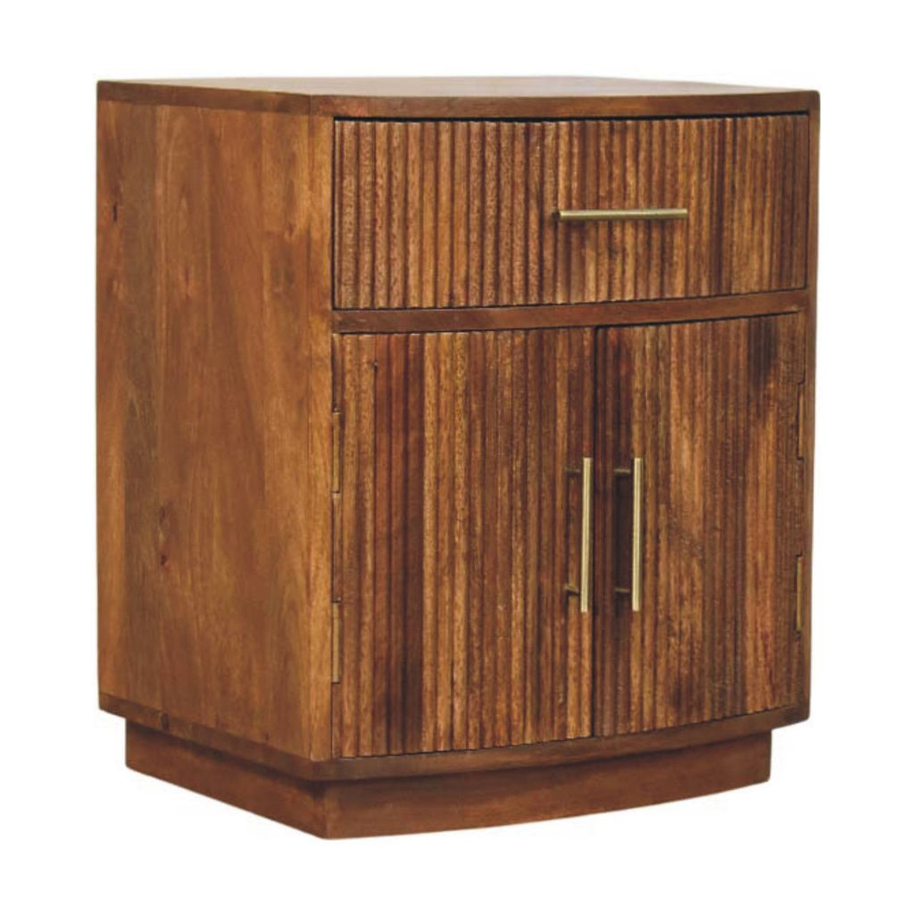 Solid Mango Wood Curved Ribbed Bedside Table with Drawer – Amber Oak Finish