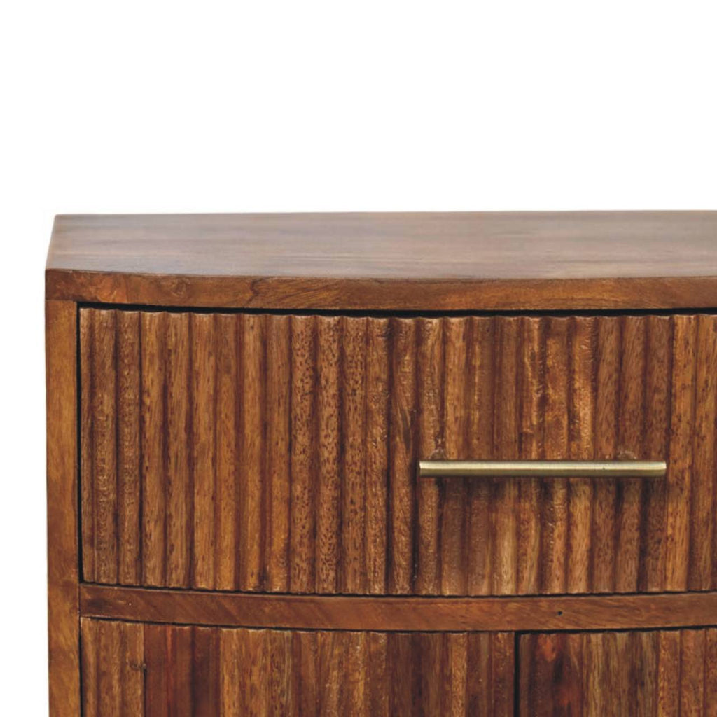 Solid Mango Wood Curved Ribbed Bedside Table with Drawer – Amber Oak Finish