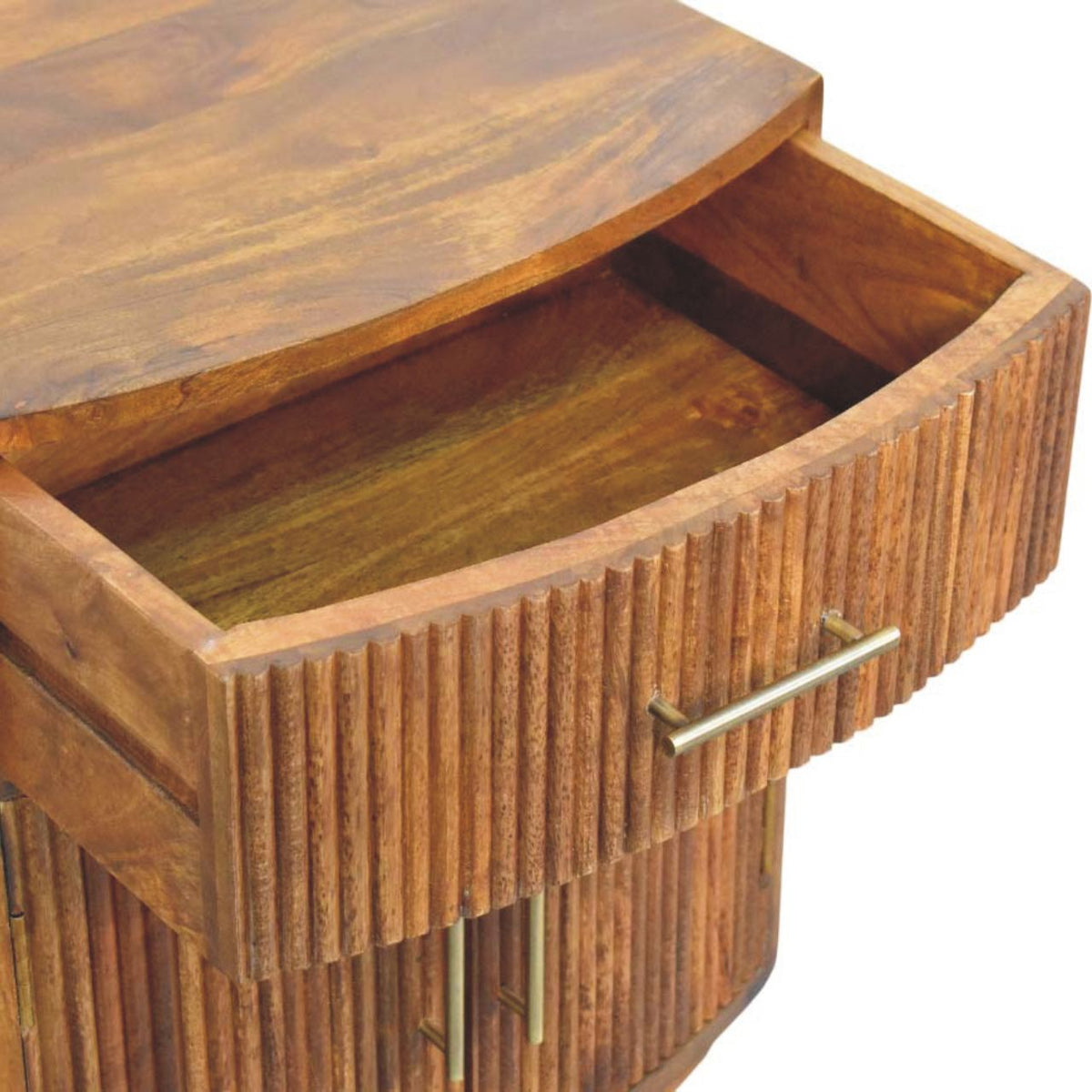 Solid Mango Wood Curved Ribbed Bedside Table with Drawer – Amber Oak Finish