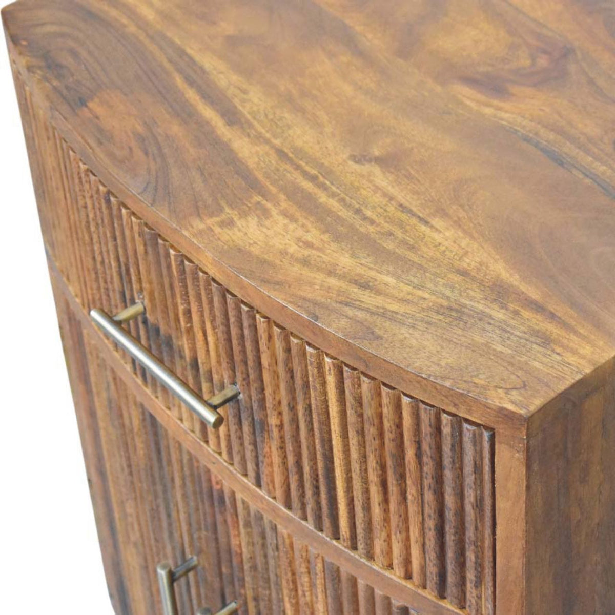 Solid Mango Wood Curved Ribbed Bedside Table with Drawer – Amber Oak Finish