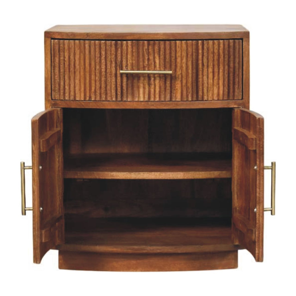 Solid Mango Wood Curved Ribbed Bedside Table with Drawer – Amber Oak Finish