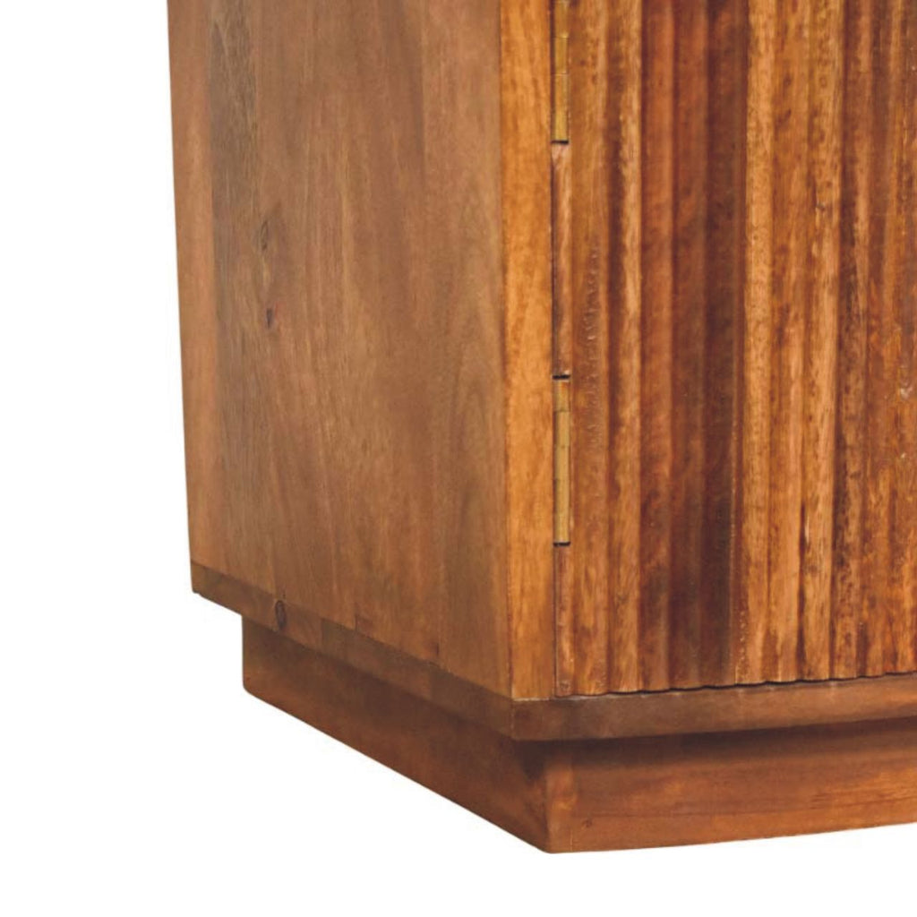 Solid Mango Wood Curved Ribbed Bedside Table with Drawer – Amber Oak Finish