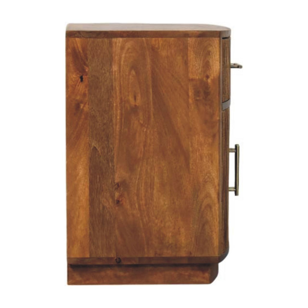 Solid Mango Wood Curved Ribbed Bedside Table with Drawer – Amber Oak Finish