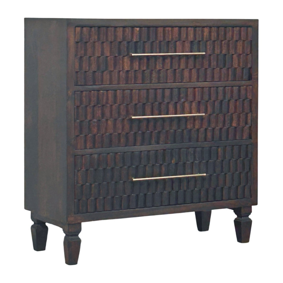 Cadiz Solid Mango Wood Chest – Velvet Mocha Finish, 3 Carved Drawers