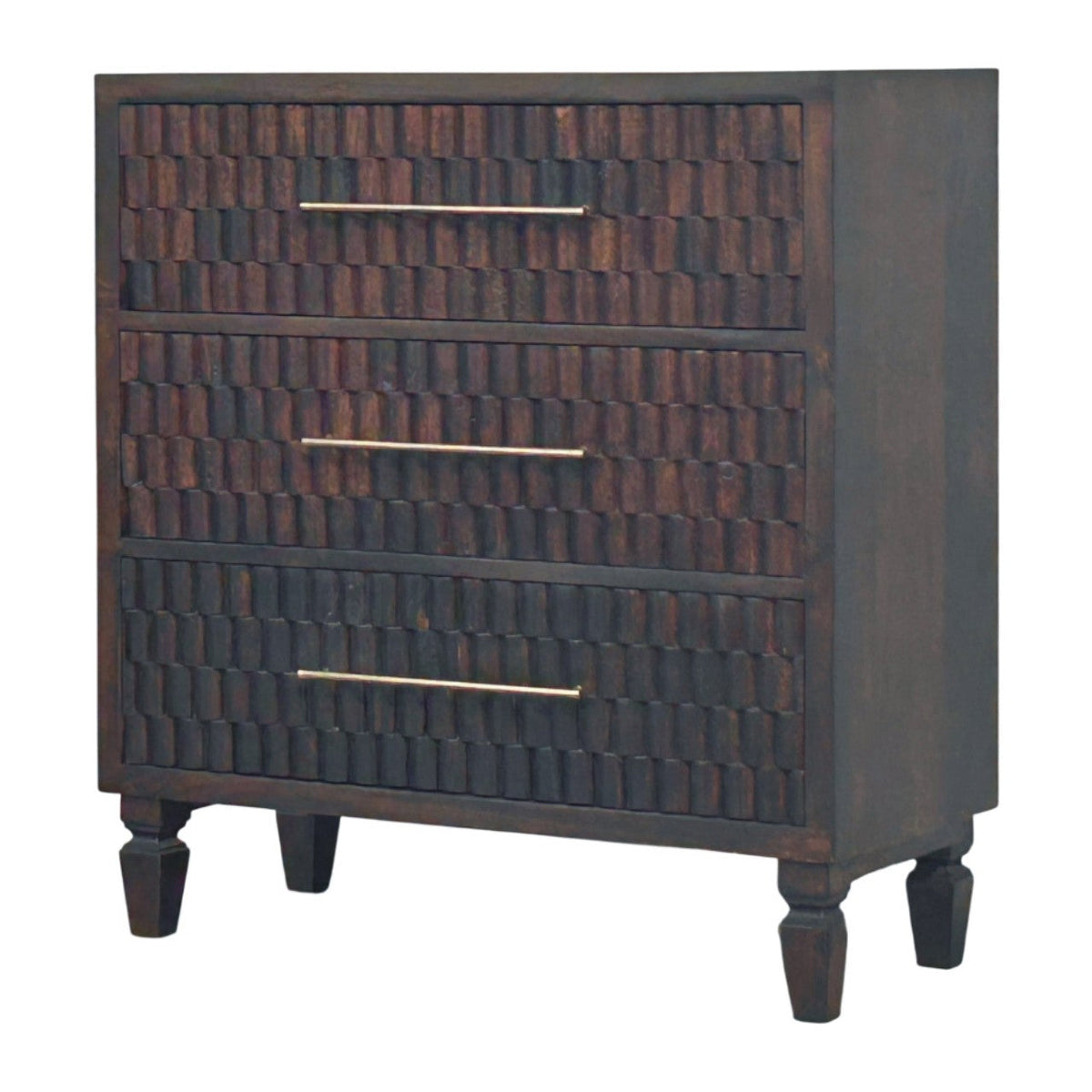 Cadiz Solid Mango Wood Chest – Velvet Mocha Finish, 3 Carved Drawers
