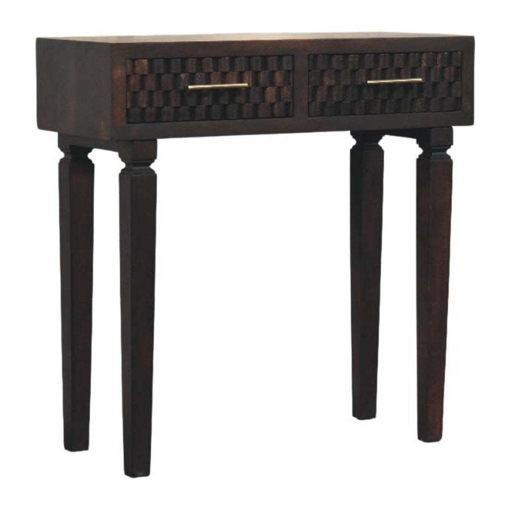 Cadiz Carved Slim Solid Mango Wood Console – Velvet Mocha Finish