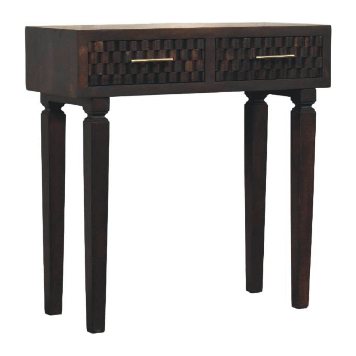 Cadiz Carved Slim Solid Mango Wood Console – Velvet Mocha Finish