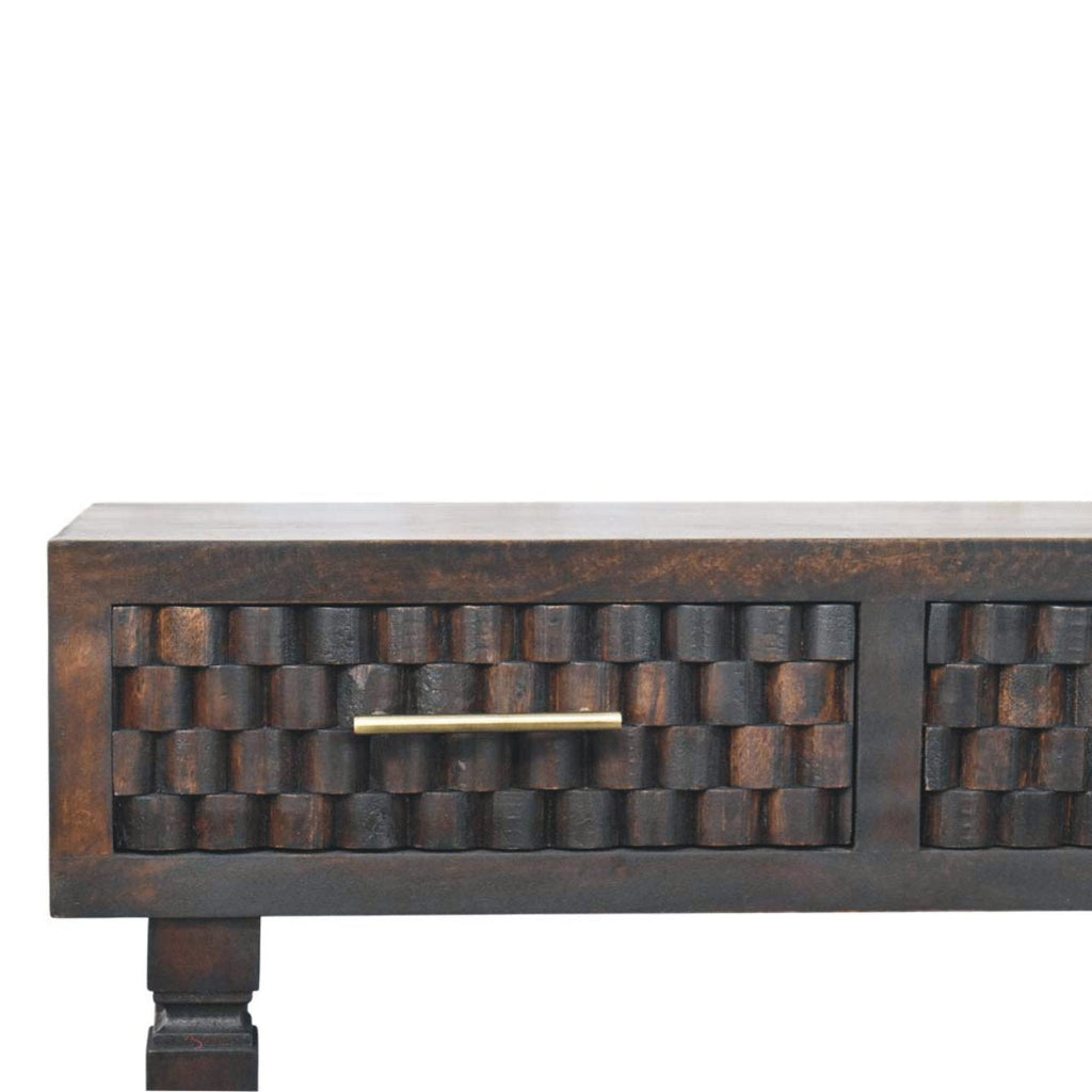 Cadiz Carved Slim Solid Mango Wood Console – Velvet Mocha Finish