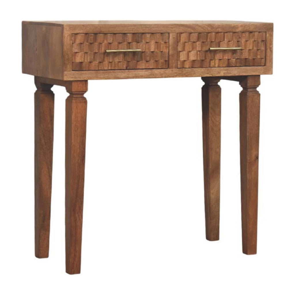 Cadiz Carved Twin-Drawer Solid Mango Wood Console – Golden Teak Finish
