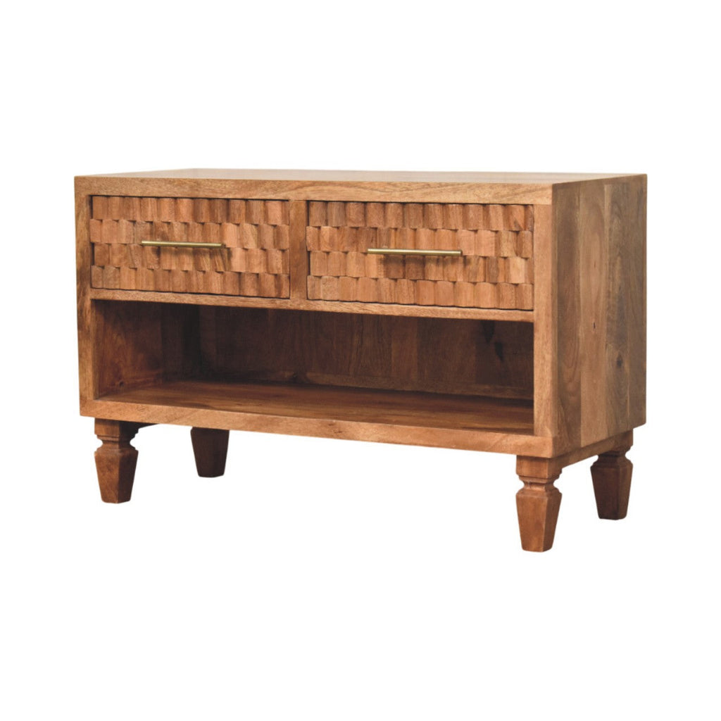 Cadiz Carved Entryway Solid Mango Wood Shoe Cabinet – Golden Teak Finish