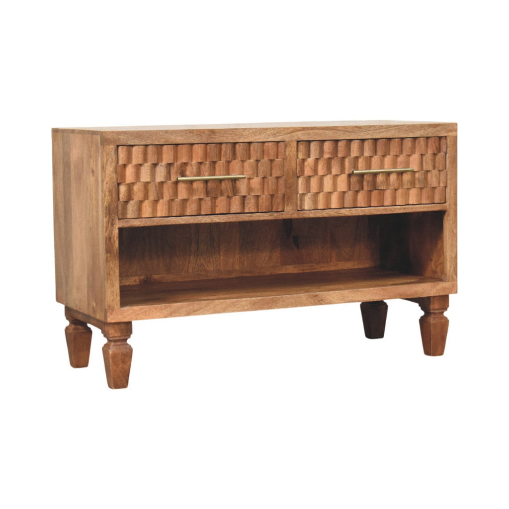 Cadiz Carved Entryway Solid Mango Wood Shoe Cabinet – Golden Teak Finish