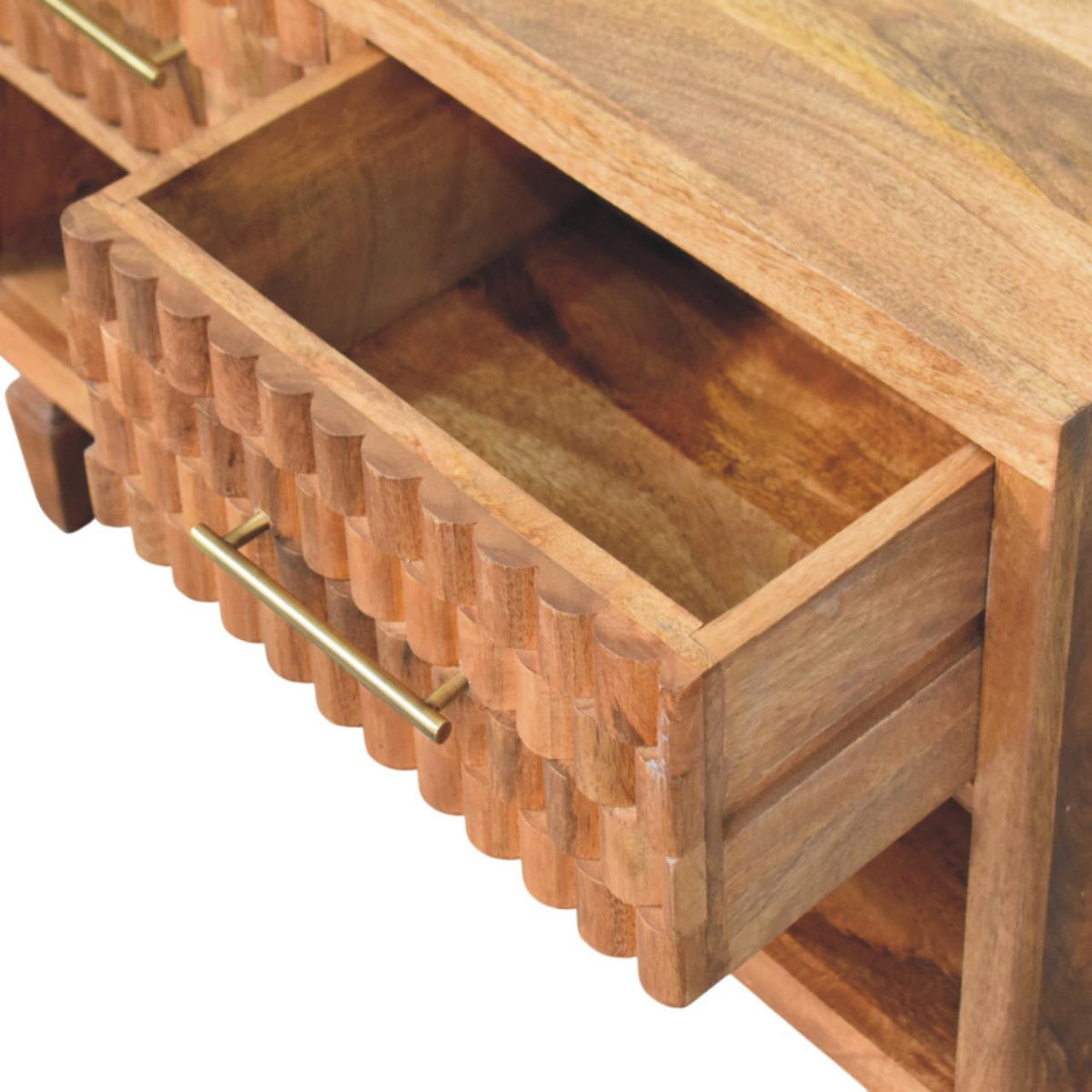 Cadiz Carved Entryway Solid Mango Wood Shoe Cabinet – Golden Teak Finish