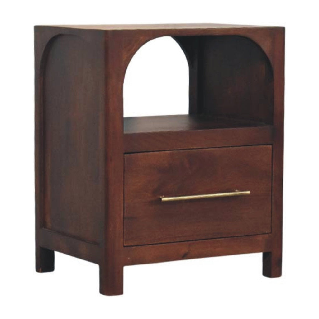 Arched Edge 1-Drawer Solid Mango Wood Bedside Table – Winewood Oak Finish