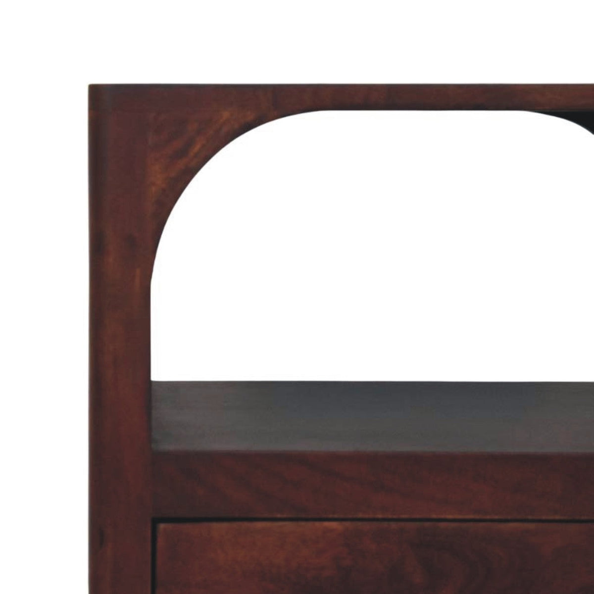 Arched Edge 1-Drawer Solid Mango Wood Bedside Table – Winewood Oak Finish