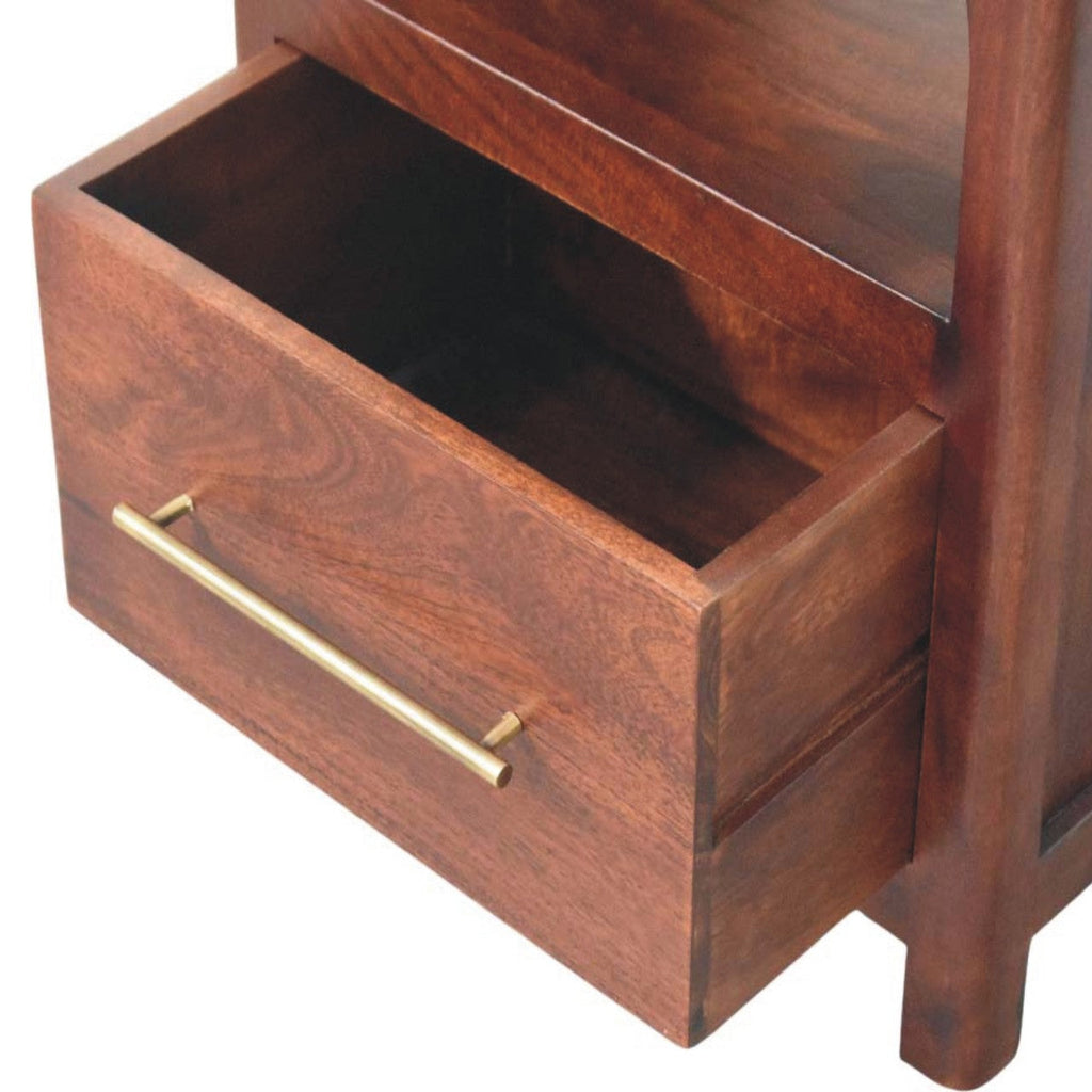 Arched Edge 1-Drawer Solid Mango Wood Bedside Table – Winewood Oak Finish