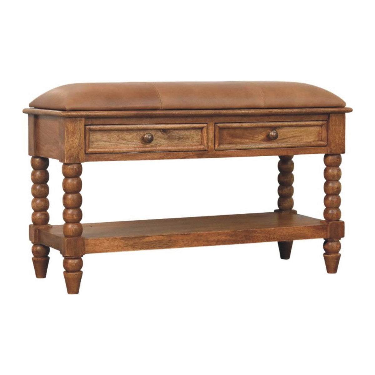 Spindle Leather Bench – Amber Oak Finish