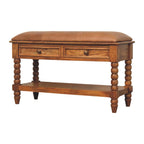 Spindle Leather Bench – Amber Oak Finish