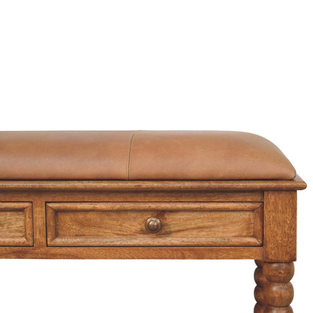 Spindle Leather Bench – Amber Oak Finish